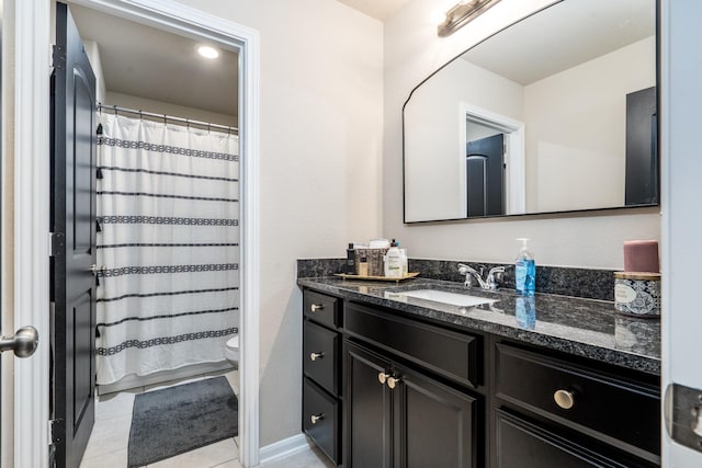 454 Cape Conroe Dr, Montgomery, TX 77356 - bathroom featuring vanity, toilet, tile patterned floors, and a shower with curtain