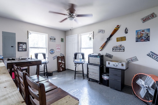 454 Cape Conroe Dr, Montgomery, TX 77356 - office with electric panel, a ceiling fan, and baseboards