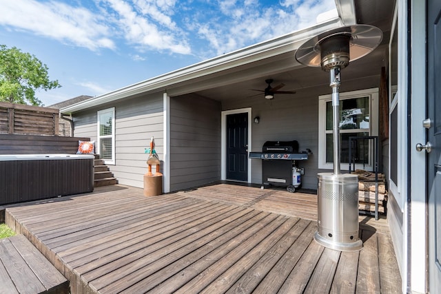 454 Cape Conroe Dr, Montgomery, TX 77356 - wooden terrace with a hot tub, grilling area, central air condition unit, and ceiling fan