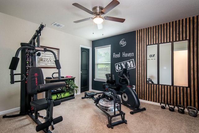 454 Cape Conroe Dr, Montgomery, TX 77356 - exercise room featuring carpet, ceiling fan, and baseboards