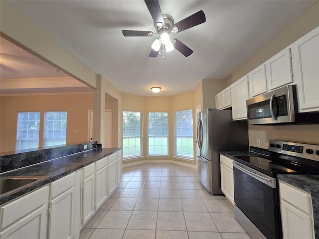 1944 Hillcroft, Prairie View, TX 77445 - kitchen with stainless steel appliances, white cabinetry, ceiling fan, and dark countertops
