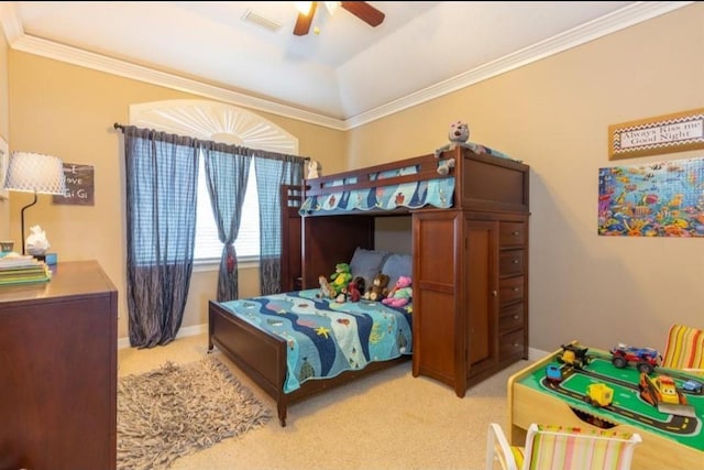 423 Hana Dr, Tiki Island, TX 77554 - bedroom featuring light colored carpet, ornamental molding, and a ceiling fan