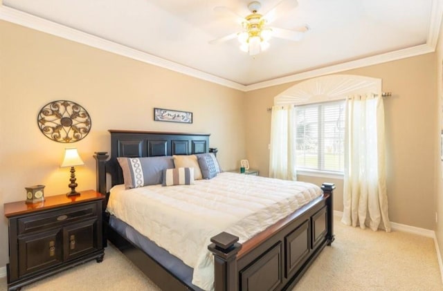 423 Hana Dr, Tiki Island, TX 77554 - bedroom featuring light carpet, baseboards, crown molding, and a ceiling fan