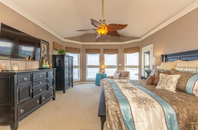 423 Hana Dr, Tiki Island, TX 77554 - bedroom featuring light carpet, lofted ceiling, ornamental molding, and ceiling fan