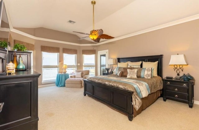 423 Hana Dr, Tiki Island, TX 77554 - bedroom featuring light carpet, lofted ceiling, crown molding, and ceiling fan