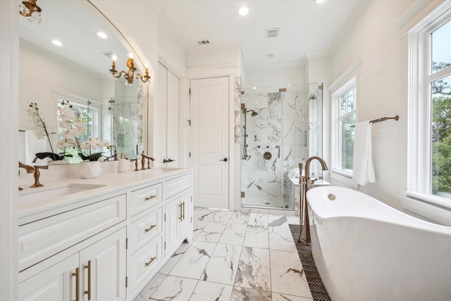 432 Marshall St, Houston, TX 77006 - bathroom featuring healthy amount of natural light, marble finish floors, vanity, a marble finish shower, and recessed lighting