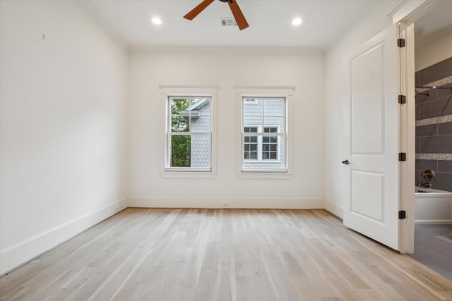 432 Marshall St, Houston, TX 77006 - unfurnished bedroom featuring baseboards, light wood-type flooring, ornamental molding, recessed lighting, and a ceiling fan