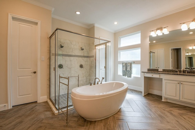 9411 Plaza Point Dr, Missouri City, TX 77459 - bathroom featuring a shower stall, a soaking tub, vanity, recessed lighting, and baseboards