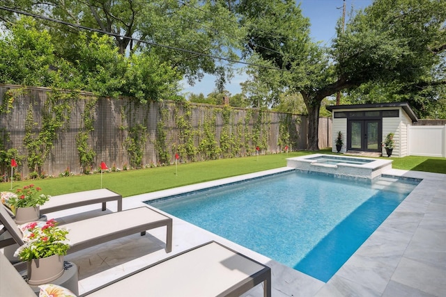 1505 Pine Chase Dr, Houston, TX 77055 - view of pool with french doors, a patio, a pool with connected hot tub, and an outbuilding