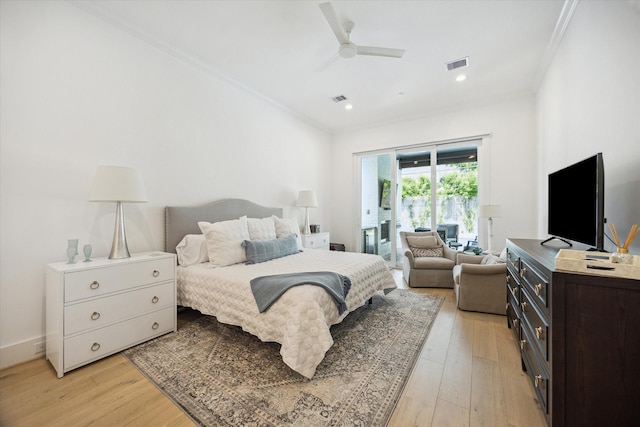 1505 Pine Chase Dr, Houston, TX 77055 - bedroom with access to exterior, light wood-type flooring, recessed lighting, a ceiling fan, and ornamental molding