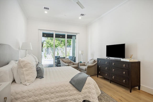 1505 Pine Chase Dr, Houston, TX 77055 - bedroom featuring access to outside, ornamental molding, light wood-style flooring, a ceiling fan, and recessed lighting