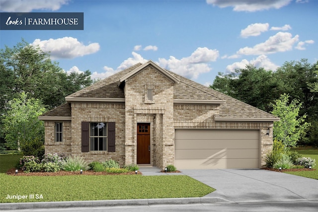 6220 Pelican Ridge Way, League City, TX 77573 - french country inspired facade featuring brick siding, concrete driveway, a garage, a front lawn, and roof with shingles