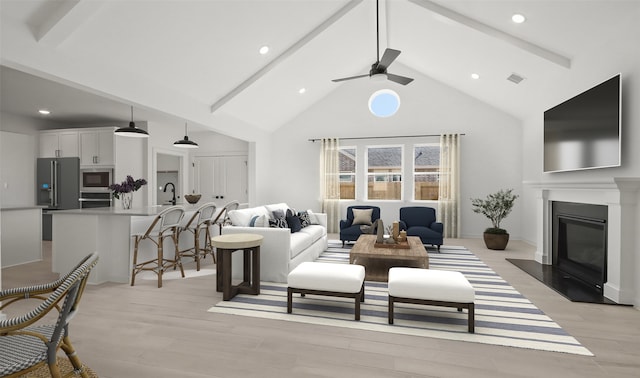 6220 Pelican Ridge Way, League City, TX 77573 - living room with beam ceiling, high vaulted ceiling, ceiling fan, light wood finished floors, and a glass covered fireplace