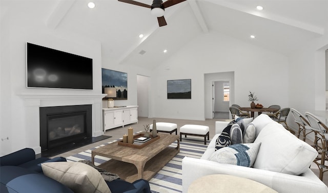 6220 Pelican Ridge Way, League City, TX 77573 - living room featuring beamed ceiling, high vaulted ceiling, a ceiling fan, a glass covered fireplace, and recessed lighting