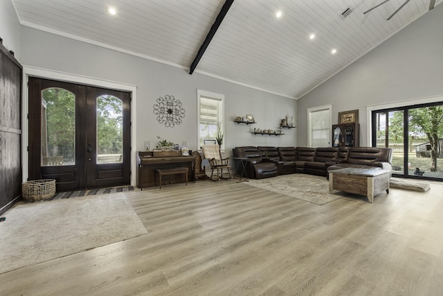19885 Keenan Cut Off Rd, Montgomery, TX 77316 - living room with recessed lighting, high vaulted ceiling, wood finished floors, french doors, and wood ceiling