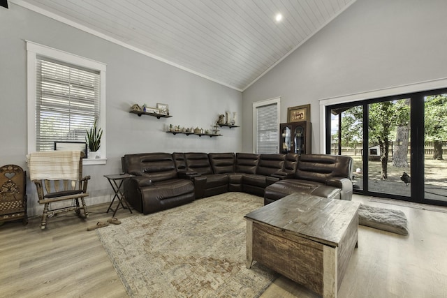 19885 Keenan Cut Off Rd, Montgomery, TX 77316 - living area featuring light wood finished floors, high vaulted ceiling, wooden ceiling, recessed lighting, and ornamental molding