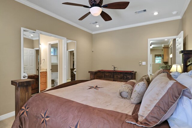 81 Baron Dr, Coldspring, TX 77331 - bedroom with ornamental molding, ensuite bath, recessed lighting, ceiling fan, and baseboards