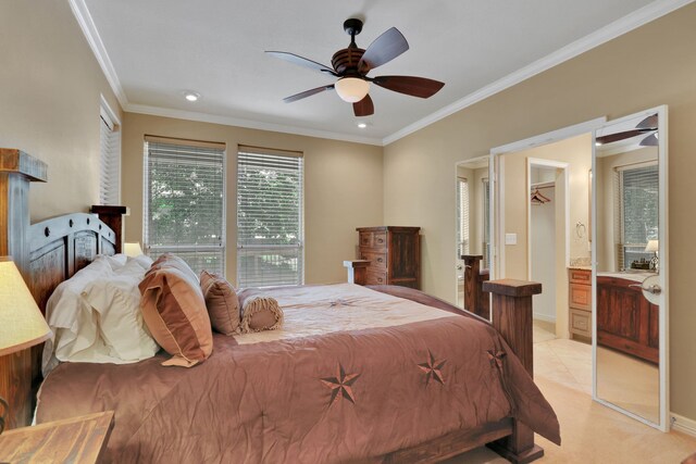 81 Baron Dr, Coldspring, TX 77331 - bedroom with ornamental molding, light colored carpet, a ceiling fan, recessed lighting, and baseboards