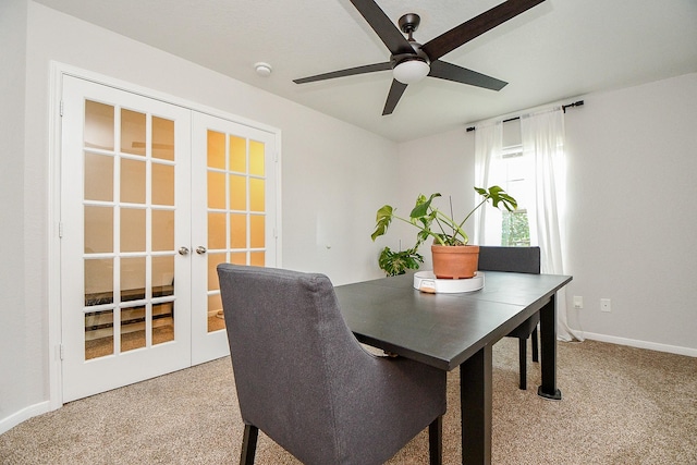 2739 Mustang Hill Ln, Katy, TX 77449 - carpeted dining room with french doors, a ceiling fan, and baseboards