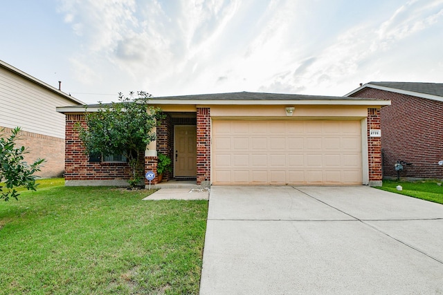2739 Mustang Hill Ln, Katy, TX 77449 - single story home with brick siding, driveway, a front lawn, and a garage