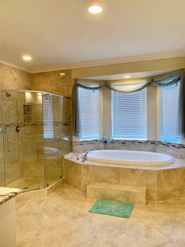 8303 Lanham Ln, Houston, TX 77075 - full bathroom with a bath, crown molding, a shower stall, and recessed lighting