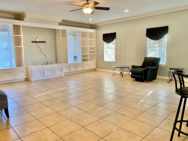 8303 Lanham Ln, Houston, TX 77075 - sitting room featuring ornamental molding, light tile patterned floors, ceiling fan, baseboards, and recessed lighting