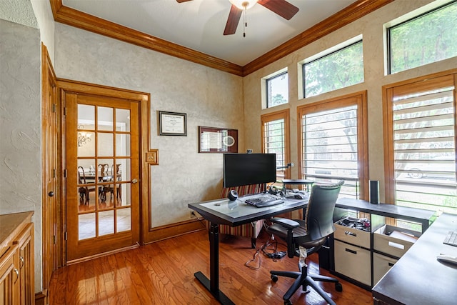 5415 Winding Ridge Dr, Spring, TX 77379 - office featuring a textured wall, ornamental molding, a ceiling fan, hardwood / wood-style flooring, and baseboards