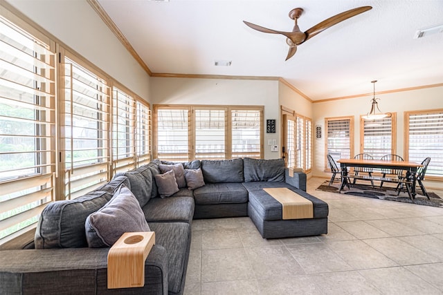 5415 Winding Ridge Dr, Spring, TX 77379 - living room featuring crown molding, light tile patterned flooring, and ceiling fan
