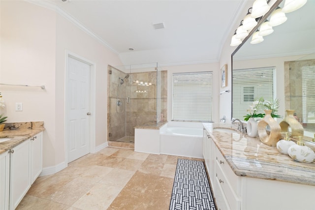 19615 Wren Forest Ln, Houston, TX 77084 - full bathroom with vanity, a stall shower, a bath, ornamental molding, and baseboards