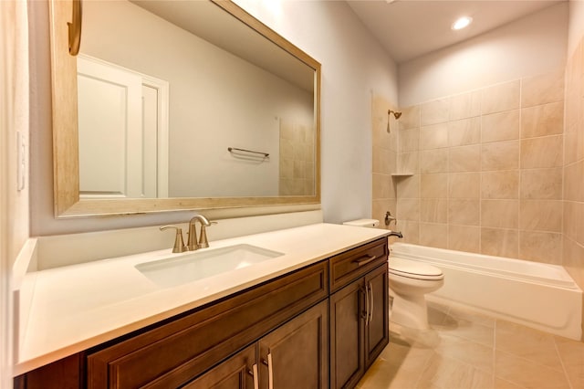 4209 Colony Pines Ln, Houston, TX 77080 - bathroom featuring toilet, vanity,  shower combination, tile patterned floors, and recessed lighting