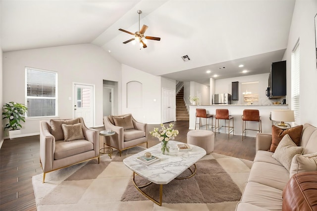 4323 Wyanngate Dr, Spring, TX 77373 - living room with ceiling fan, wood finished floors, high vaulted ceiling, baseboards, and recessed lighting