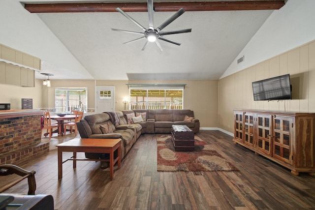5111 Halbert Dr, Pearland, TX 77581 - living area with hardwood / wood-style flooring, a ceiling fan, high vaulted ceiling, and beamed ceiling