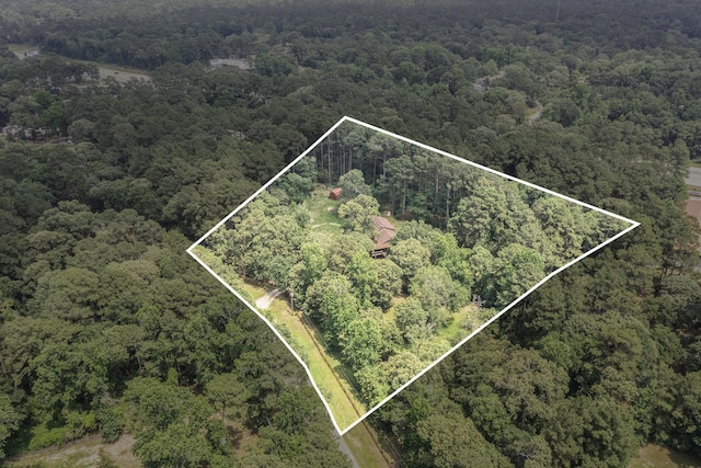 18751 Julie Ln, Magnolia, TX 77355 - aerial view of property and surrounding area featuring a heavily wooded area and property boundaries highlighted