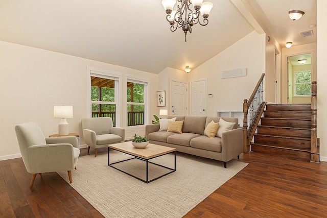 18751 Julie Ln, Magnolia, TX 77355 - living area featuring dark wood-type flooring, a chandelier, stairway, and baseboards
