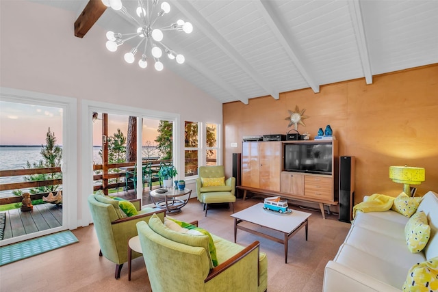 784 W Cattle Dr, Onalaska, TX 77360 - living area featuring beam ceiling, a chandelier, and high vaulted ceiling