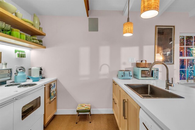 784 W Cattle Dr, Onalaska, TX 77360 - kitchen featuring white appliances, a sink, light countertops, beam ceiling, and hanging light fixtures