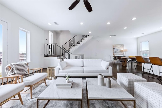 1822 Mcilhenny St Unit B, Houston, TX 77004 - living room with wood finished floors, stairs, a ceiling fan, and recessed lighting