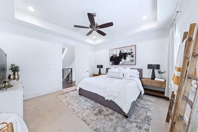 1822 Mcilhenny St Unit B, Houston, TX 77004 - bedroom featuring a raised ceiling, carpet floors, recessed lighting, baseboards, and ceiling fan