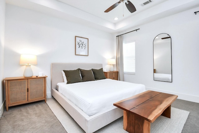 1822 Mcilhenny St Unit B, Houston, TX 77004 - bedroom featuring light colored carpet, recessed lighting, baseboards, a ceiling fan, and a tray ceiling