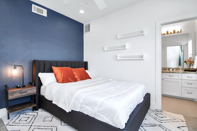 1822 Mcilhenny St Unit B, Houston, TX 77004 - bedroom featuring ensuite bath, light tile patterned floors, recessed lighting, and a ceiling fan