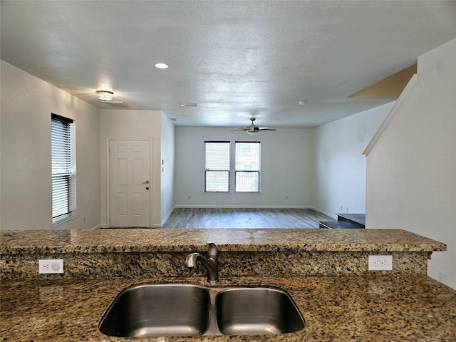 8039 Ellinger Ln, Houston, TX 77040 - kitchen with a sink, wood finished floors, ceiling fan, baseboards, and dark stone counters