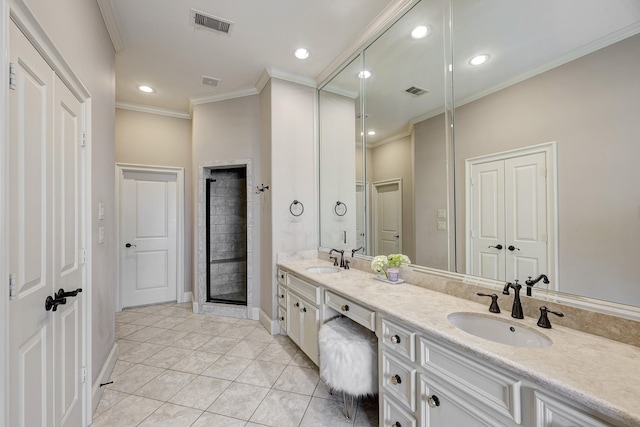 2306 Mcduffie St, Houston, TX 77019 - bathroom with double vanity, ornamental molding, recessed lighting, tile patterned flooring, and baseboards