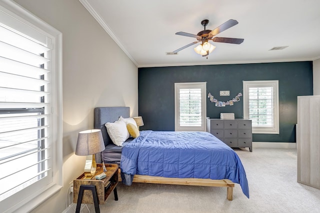 2306 Mcduffie St, Houston, TX 77019 - bedroom featuring carpet flooring, ornamental molding, baseboards, and a ceiling fan