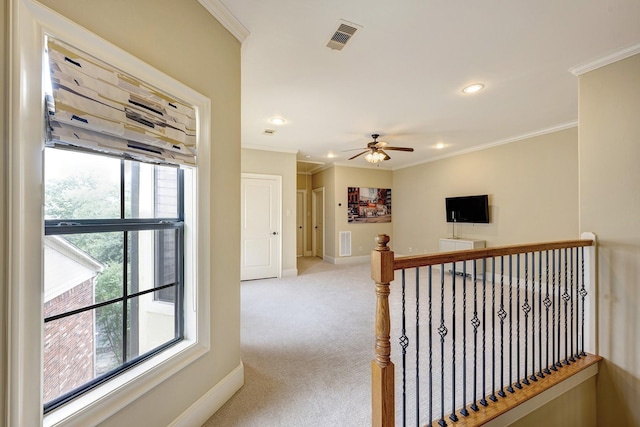2306 Mcduffie St, Houston, TX 77019 - corridor featuring carpet, crown molding, baseboards, an upstairs landing, and recessed lighting
