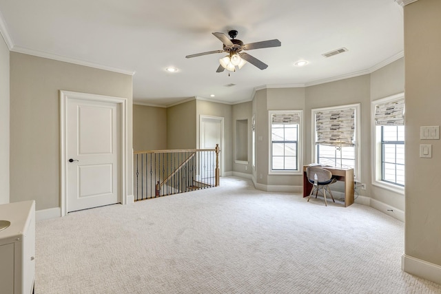 2306 Mcduffie St, Houston, TX 77019 - carpeted spare room featuring baseboards, a ceiling fan, crown molding, and recessed lighting