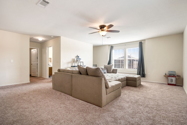 14619 Jasper Stream Ct, Houston, TX 77069 - living area featuring light colored carpet, ceiling fan, and baseboards