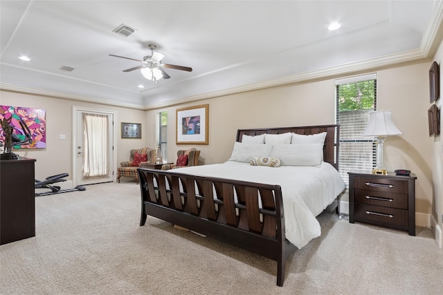5520 Mcculloch Cir, Houston, TX 77056 - carpeted bedroom featuring a tray ceiling, recessed lighting, ceiling fan, and crown molding