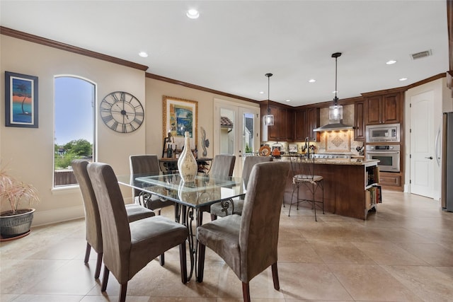 5520 Mcculloch Cir, Houston, TX 77056 - dining room with recessed lighting, ornamental molding, baseboards, and light tile patterned flooring