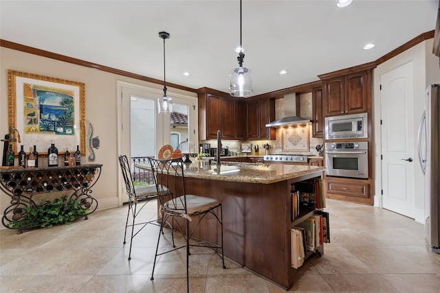 5520 Mcculloch Cir, Houston, TX 77056 - kitchen featuring stainless steel appliances, wall chimney exhaust hood, crown molding, tasteful backsplash, and stone countertops