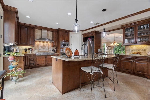 5520 Mcculloch Cir, Houston, TX 77056 - kitchen featuring wall chimney range hood, stainless steel appliances, decorative backsplash, recessed lighting, and crown molding